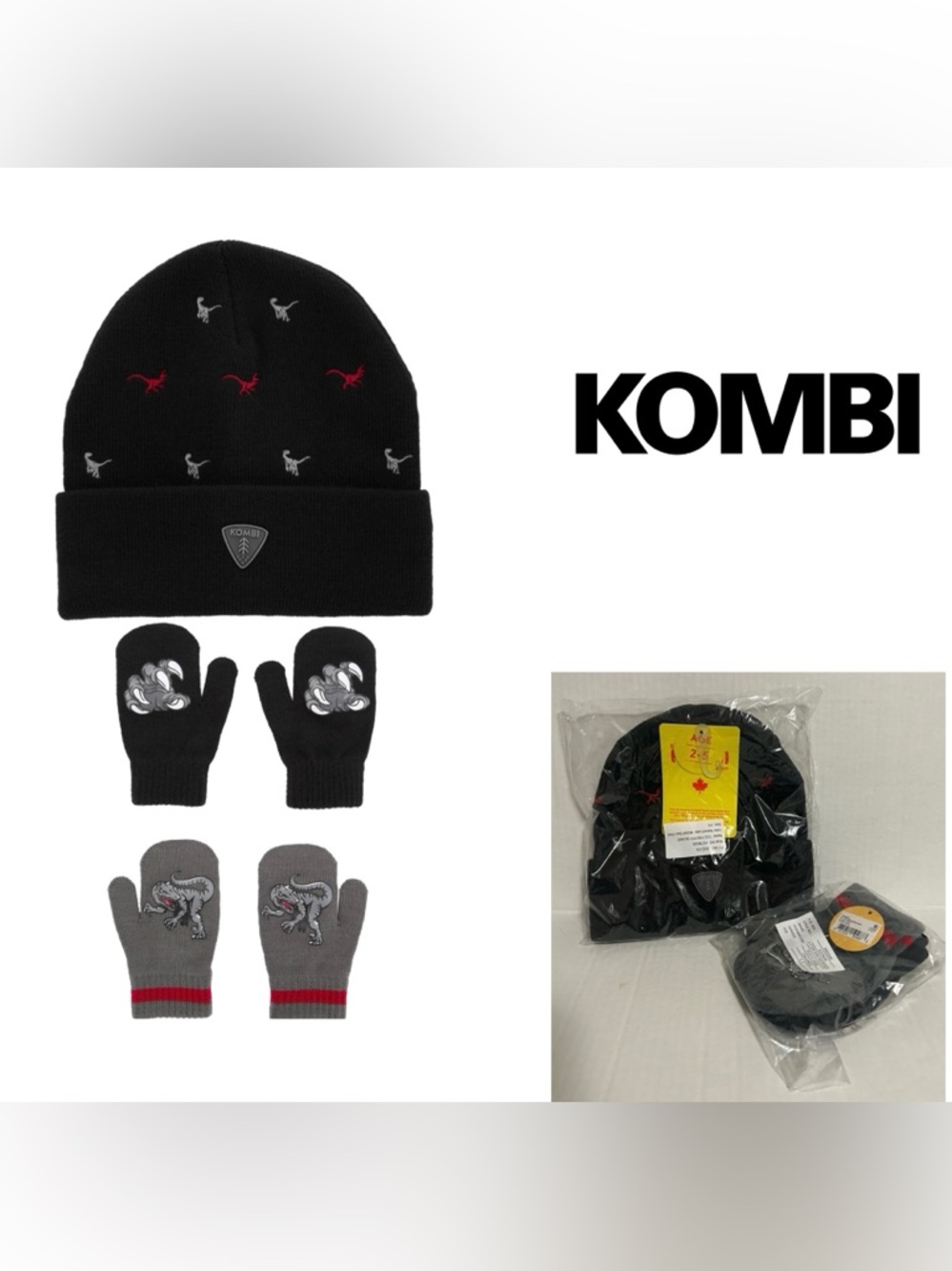 🆕KOMBI - NWT - 2+PCS - TODDLER KIDS / JUNIOR DINOSAUR HAT & MITTENS SET